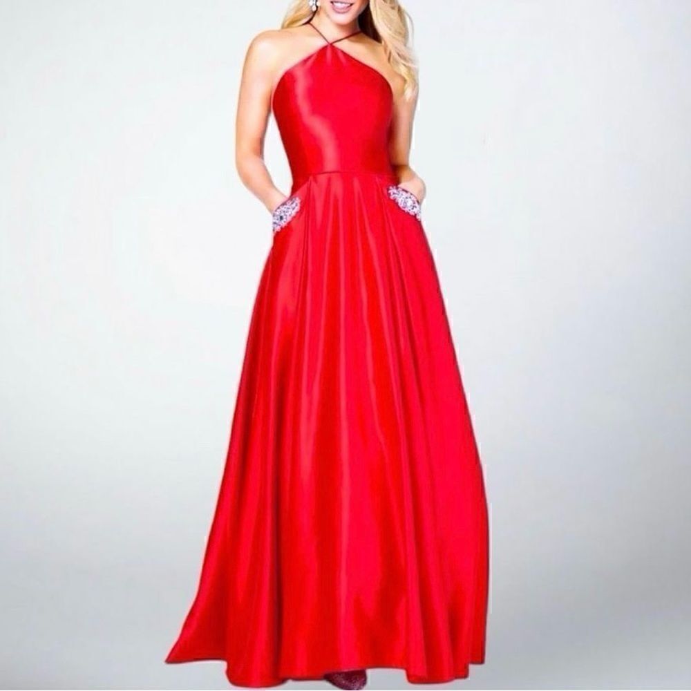 Blondie Nites Red Satin Halter & Gem Pockets Prom Dress Sz 11